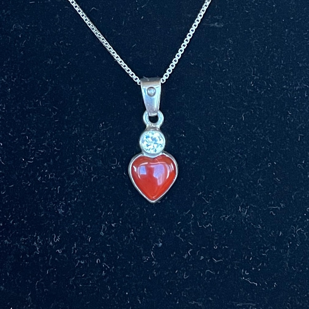 Signed Mexico 925 Carnelian Heart Necklace w Quartz